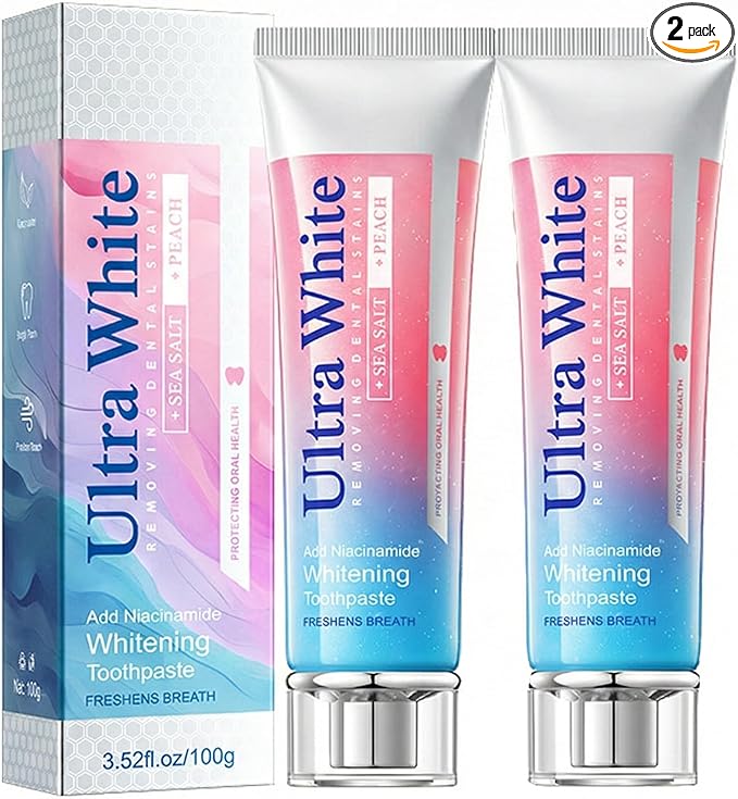Ultra White Toothpaste (Peach & Sea Salt Flavor) - Niacinamide Whitening Toothpaste for Stain Removal - Fresh Breath, Gum Care & Enamel Safe Daily Tooth Paste (2 Pack, 3.52oz/100g)