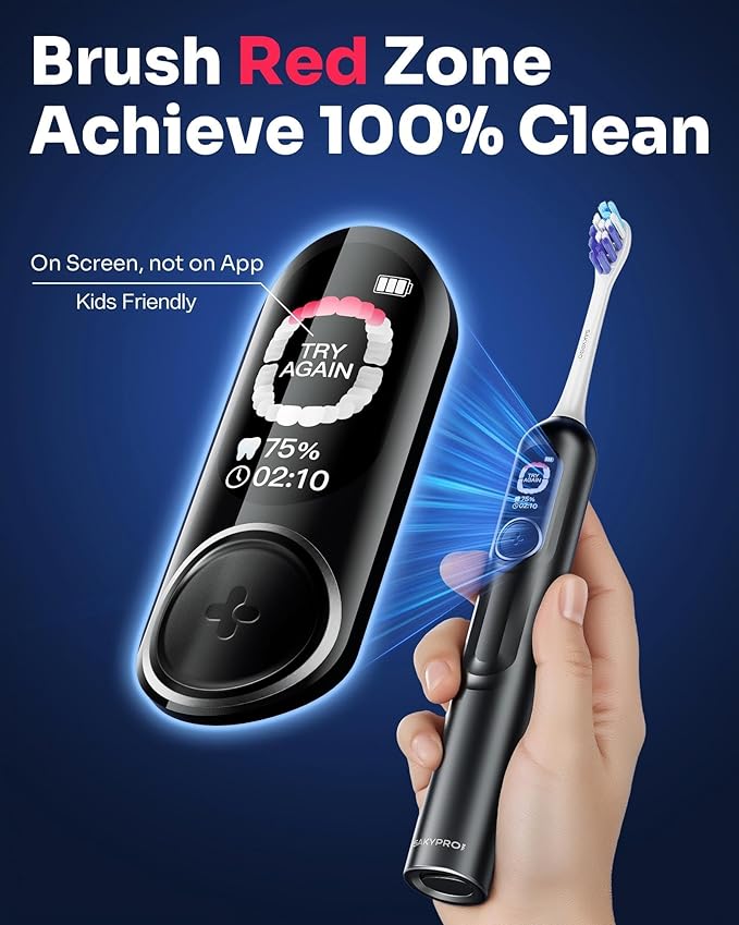 SAKYPRORAL Electric Toothbrush with AI Smart Screen for Adults Kids Teens | 6 Brush Heads | 150-Day Battery, Real-Time Brushing Map | 5 Whitening Modes, Travel Case | Sonic Toothbrush (Black)