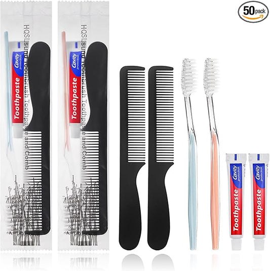 HQSLsund 50 Pack Disposable Toothbrushes with Toothpaste and Comb for Homeless Individually Wrapped,10g Travel Toothpaste,7inch Black Hair Comb, Toothbrush for Hotel,AirBnb,Shelter,Charity