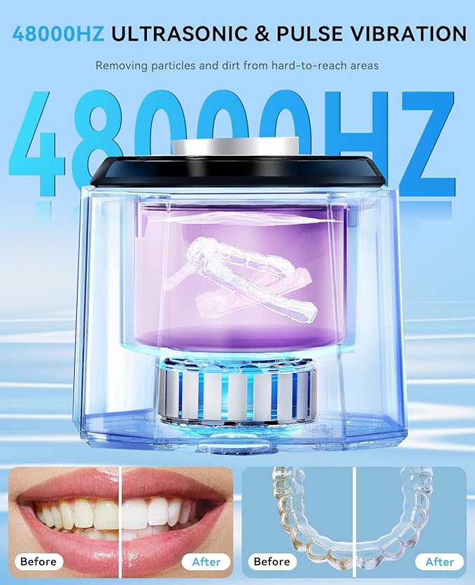 SUNPOW Dental Ultrasonic Retainer Cleaner Machine - 48kHz Retainer Cleaner with 5 UV Lights for Night Guards, Mouth Guards, Dentures- 220ML Dental Cleaning Pod Upgrade Design