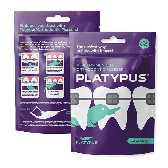 Platypus Orthodontic Flossers for Braces, 30 Count (Pack of 4), Ortho Picks for Adults & Kids, Fits Under Arch Wire, Non-Damaging, Encourage Flossing Habits