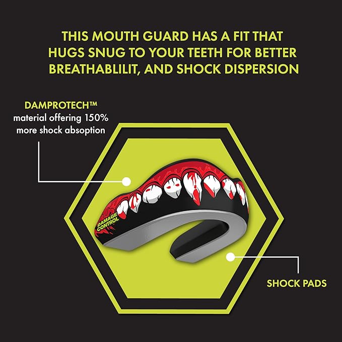 DAMAGE CONTROL Extreme Impact Mouth Guard – Sports Mouthguard for Boxing, MMA, BJJ, Hockey, Rugby, Lacrosse, & More – Mouthpiece for Teeth & Jaw Protection, for Youth & Adults (Adult, Bleeding Fangs)