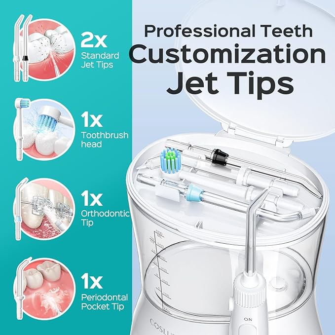 COSLUS Electric Water Flosser for Teeth: Professional Dental Pick for Orthodontic, Sensitive Gums, Braces - 12 Pressure Settings & 5 Multi-Functional Tips for Multiple Users, Home Use, White, E1