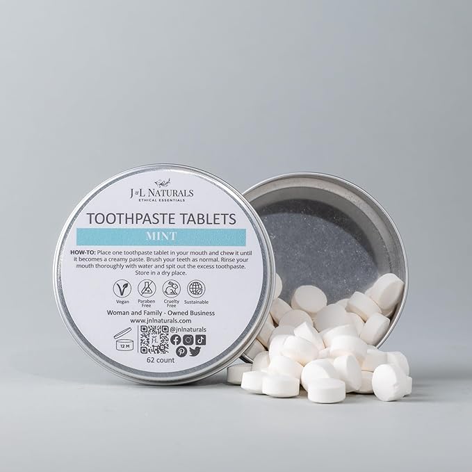 J&L Naturals Toothpaste Tablets | 62-Pack Travel-Friendly Toothpaste | Fluoride + Plastic Free, Vegan, Cruelty Free, Sustainable | Woman-Owned Small Business (Mint, 62 Count (Pack of 1))