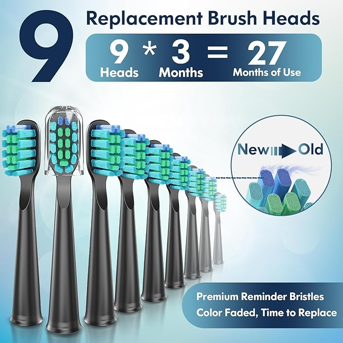 DADA-TECH Ultrasonic Toothbrush for Adults Sonic Toothbrush, 9 Brush Heads, 5 Cleaning Modes, 4-Hour Charge Lasts 60 Days Electric Toothbrush (Black)