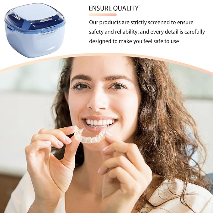 Retainer Holder Case - Denture Cleaning Cup For Mouth Guard | ABS PP Material With Strainer Basket Function, Portable Container Feature, For Dentures, Jewelry, Travel, Bathroom