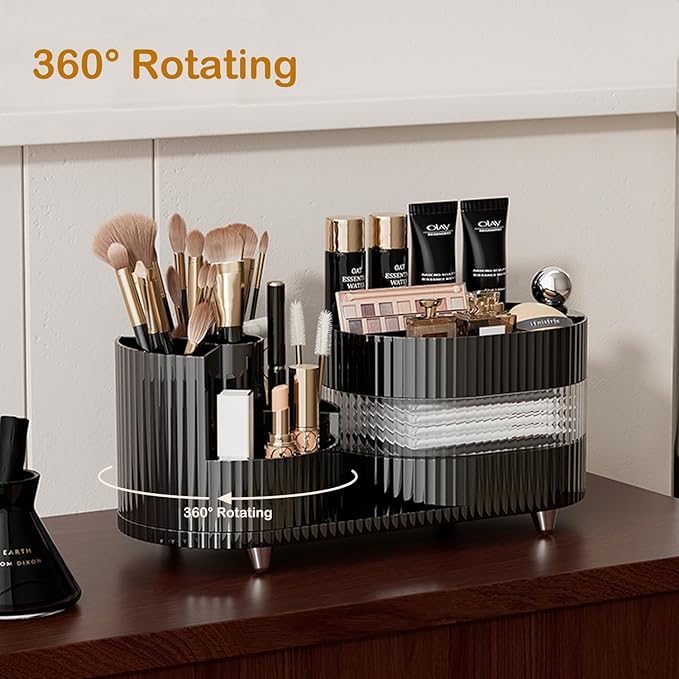 Makeup Organizer Countertop 360°Rotating Makeup Organizer for Vanity - Cosmetic Storage Holder with Makeup Brush Holder and Jewelry Storage (3 Tiers, Black)