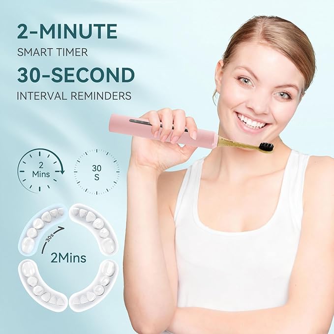 Bamboo Electric Toothbrush for Adults丨Rechargeable Electric Toothbrush with 3 Non Toxic Charcoal Infused Bamboo Brush Heads, 5 Cleaning Modes, 60 Days Battery Life, IPX7 Waterproof-White