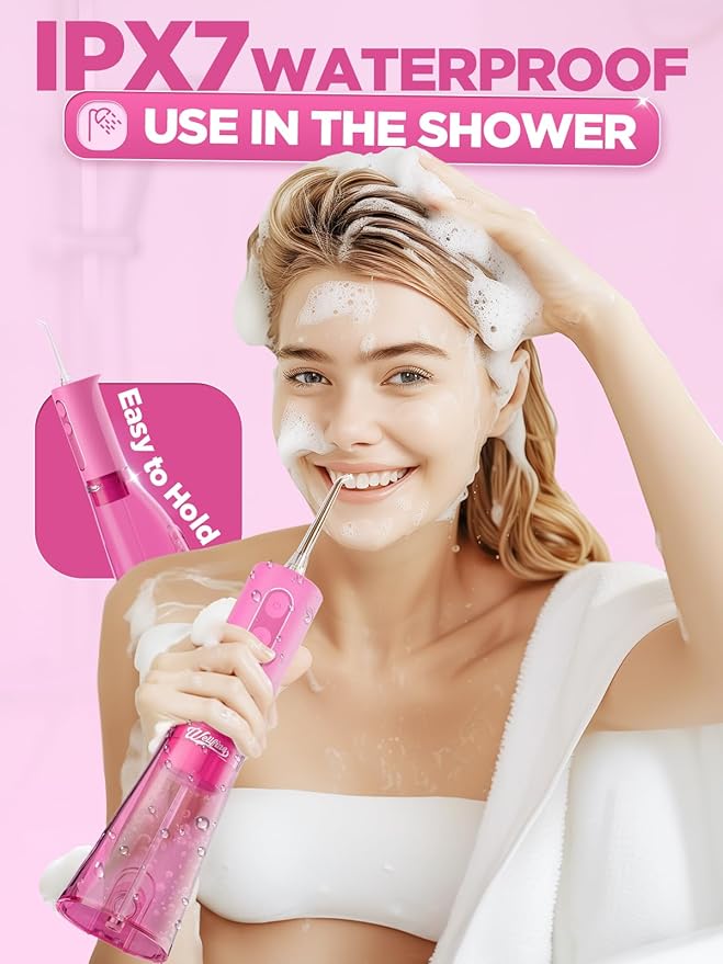WELLFINE Water Dental Flosser Teeth Pick - 4 Modes Cordless Oral Irrigator 300ML Portable Rechargeable IPX7 Waterproof Powerful Battery Life Water Dental Piks for Cleaning for Home Travel (Magenta)