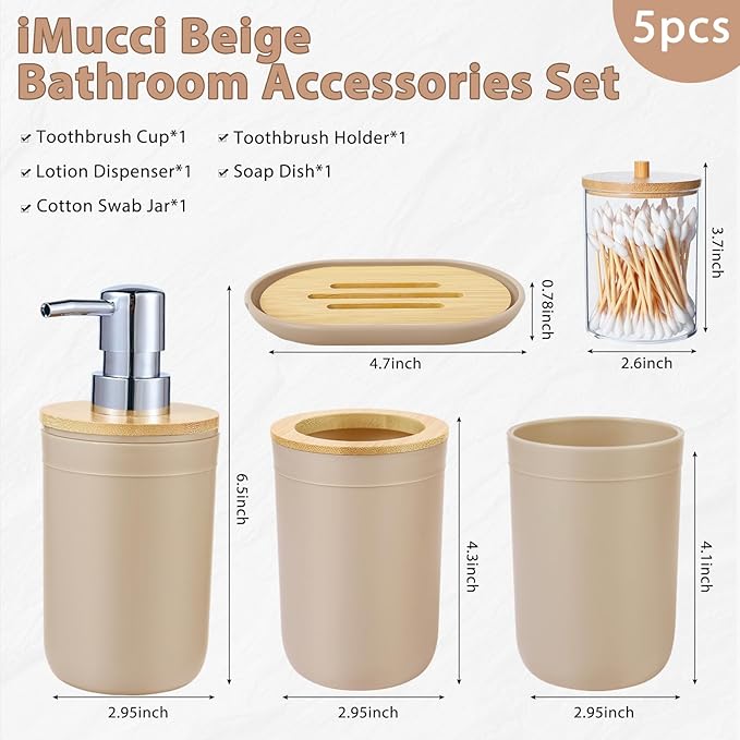 iMucci Bathroom Accessories Set 5Piece Beige Bathroom Sets, Toothbrush Holder, Toothbrush Cup, Lotion Soap Dispenser, Soap Dish and Qtip Holder Bathroom Decor