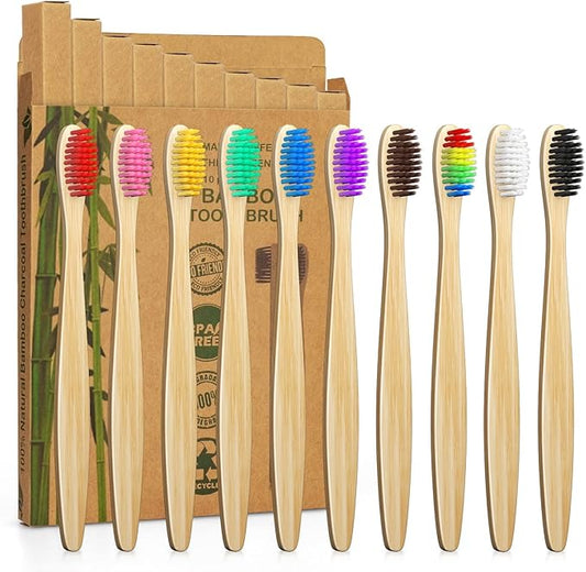 10 Color Soft Bristles Natural Bamboo Toothbrushes Set, Premium BPA Free for Best Clean, Eco-Friendly, Plastic-Free, Vegan, Biodegradable & Compostable Charcoal Wooden