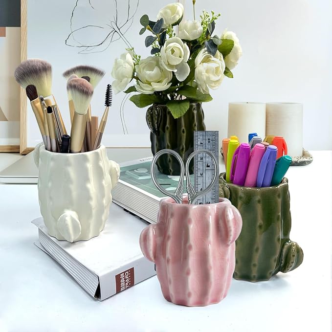 Cactus Toothbrush Holder for Bathrooms，Ceramic Toothpaste Holder Cute Toothbrush Holder Set,for Bathroom Counter and Desk Office Fun Decor Desk Organizer, Makeup Brush Holder - Dark Green