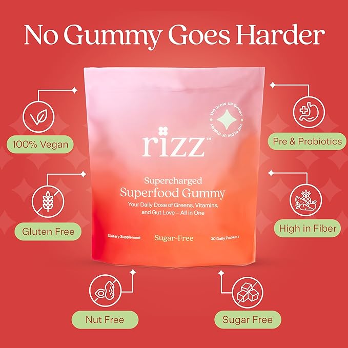 Rizz Sugar-Free Green Gummies - 60+ Superfoods 6g Fiber - Prebiotic and Probiotic Gummies - Vegan Multivitamins for Women & Men - Gluten Free - Mushroom, Fruit and Vegetable Supplements -30 Day Supply