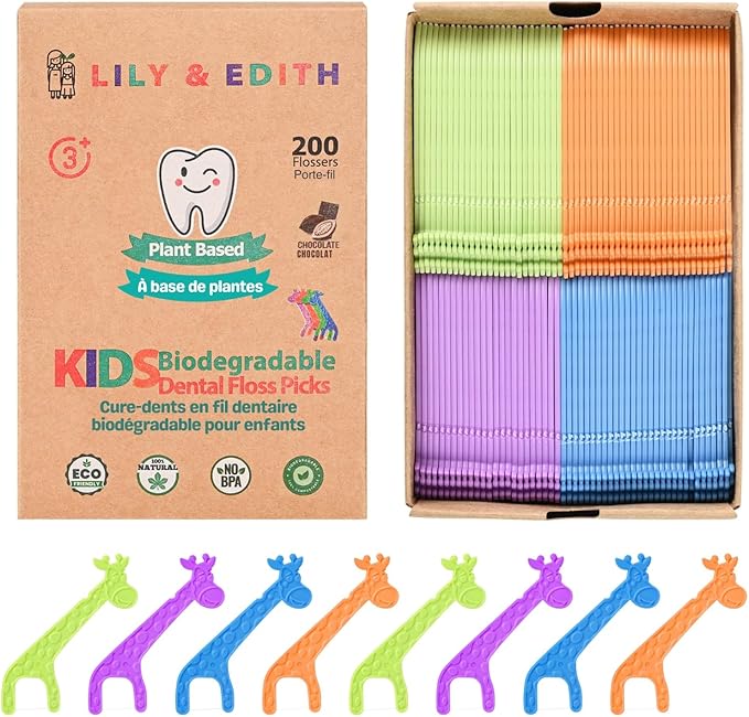 LILY & EDITH Kids Plant Based Dental Floss Picks 200 Counts, Fluoride Free, Corn Starch Material, Chemical Free, Fun Animal Flossing Sticks, Ultra Sturdy Thread, Zero Waste Package (Chocolate)