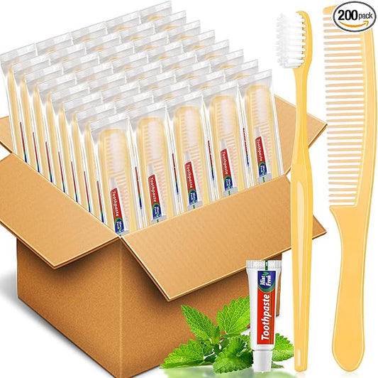 NICEMOVIC 200 Pack Disposable Toothbrushes Bulk with Toothpaste and Comb Travel Size Toothpaste Set Homeless Care Package Supplies Bulk for Individually Wrapped Disposable Travel Hotel Charity, Yellow