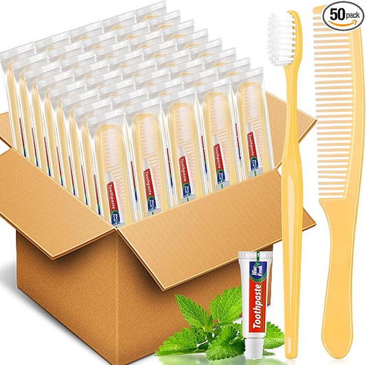 NICEMOVIC 50 Pack Disposable Toothbrushes Bulk with Toothpaste and Comb Travel Size Toothpaste Set Homeless Care Package Supplies for Bulk Individually Wrapped Disposable Travel Hotel Charity, Yellow