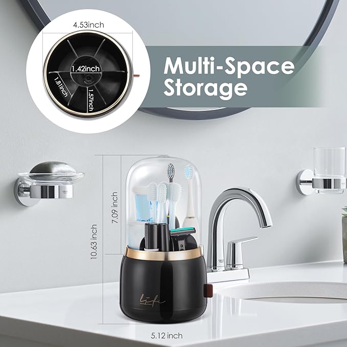EXIN DECHEN Toothbrush Holders with Cover for Bathrooms, 360° Rotating 7-Slot Draining Water for Placing Kids Electric Toothbrushes,Toothpaste,Razors,Bathroom Counter Dresser Vanity Organizer(Black)