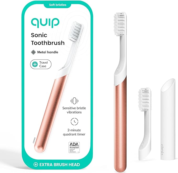 Quip Metal Sonic Electric Toothbrush for Adults - Time Travel & Soft Bristles with Travel Case & Replacement Brush Head - 3 Month Battery Life - Copper