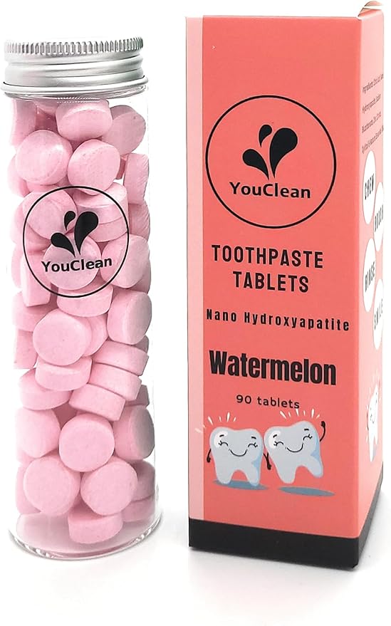 90 Toothpaste Tablets in Refill/Recycle Glass Tube - for Travel and Daily Home Office Use - Nano Hydroxyapatite, Fluoride-Free, Vegan (Watermelon90)