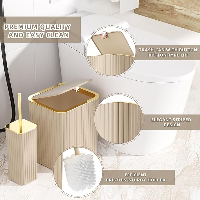 Bathroom Accessories Set - Gorgeous Bathroom Set, 10PC Beige Bathroom Accessory Set, Toilet Brush, Trash Can & Soap Dispenser