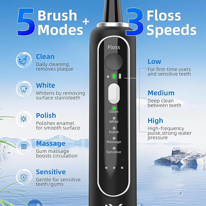Professional Flossing Electric Toothbrush with Water Flosser, 2 in 1 Toothbrush and Water Flosser Combo, Sonic Electric Toothbrush Cordless Flossing Brush (Black)