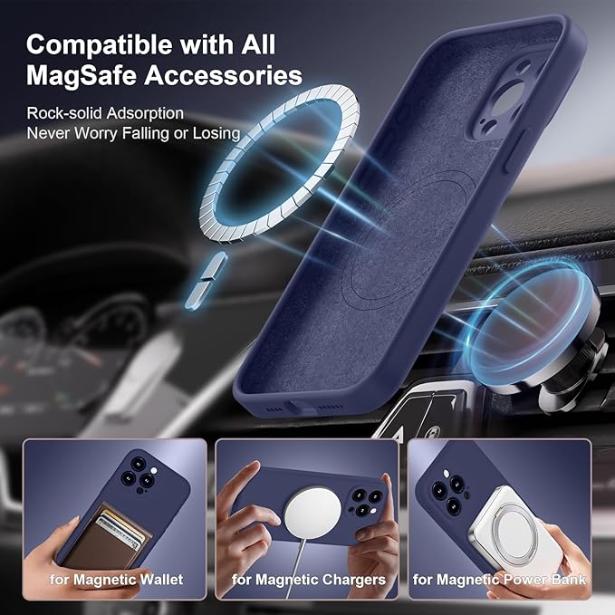 Magnetic for iPhone 15 Pro Case, Compatible with MagSafe, with 9H Nano Screen Protectors, Full Camera Protection, Silicone Shockproof Microfiber Lining Phone Case 6.1", Navy Blue