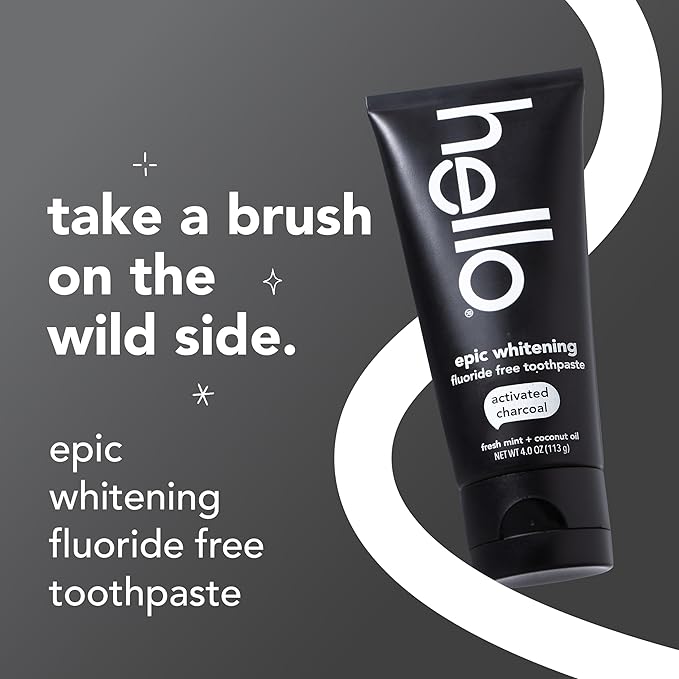 Hello Activated Charcoal Toothpaste, Fluoride Free with Activated Charcoal, Teeth Whitening Toothpaste with Fresh Mint and Coconut Oil, No SLS, Vegan, Gluten Free, 3 Pack, 4 OZ Tubes