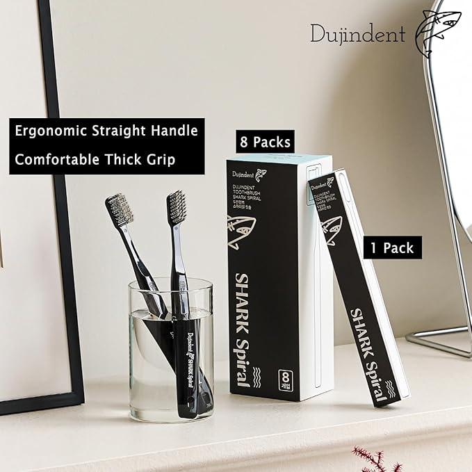 Toothbrush [Made in Korea] Shark Spiral Extra Soft Toothbrush for Plaque Removal, Gentle on Gums, Implant (8 Packs)