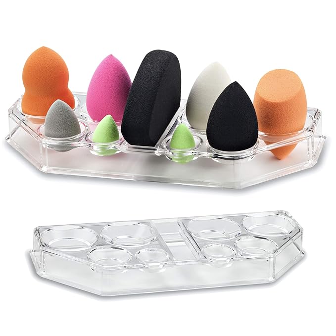 byAlegory Acrylic Makeup Beauty Blending Sponge Organizer Drying Tray Stand | 9 Space Storage Container Fits All Brands of Foundation Blending Sponges - Clear