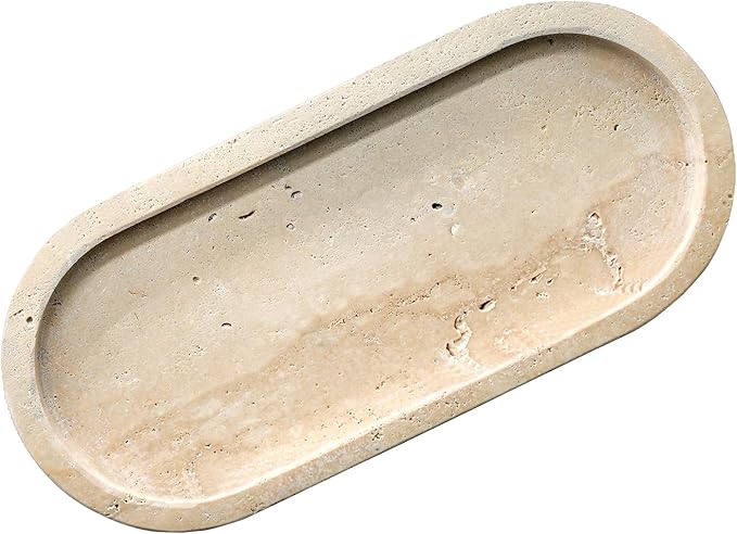 Bathroom Vanity Tray, Natural Marble Oval Tray 10 Inch, Beige Travertine Vanity Tray for Soap Dispenser Modern Countertop Organizer for Kitchen Countertops, Home Decor
