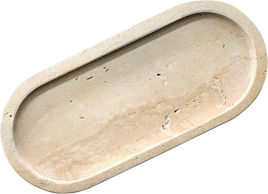 Bathroom Vanity Tray, Natural Marble Oval Tray 10 Inch, Beige Travertine Vanity Tray for Soap Dispenser Modern Countertop Organizer for Kitchen Countertops, Home Decor