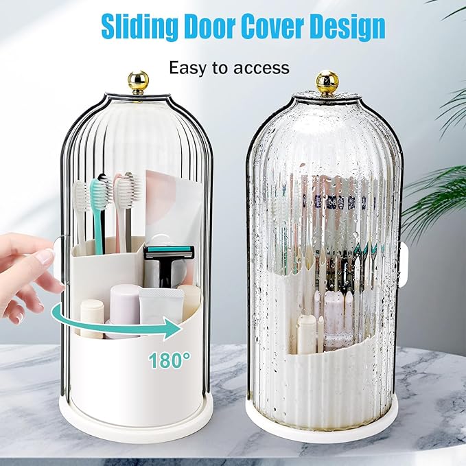 Concealed Toothbrush Holder, Rotating Bathroom Organizer Countertop, Toothbrush Holders with Cover, Bathroom Counter Organizer with Covered Makeup Brush Holder (1pcs White)