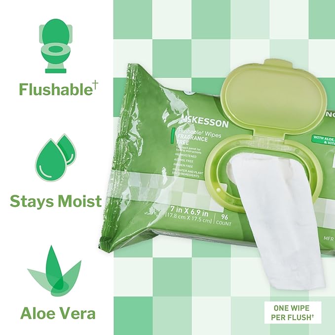 McKesson Flushable* Adult Wet Wipes – 576 Wipes (6 Pack of 96) – Aloe & Vitamin E, Plant-Based Cleansing Wipes, Unscented