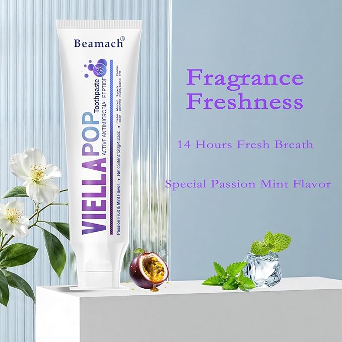 VIELLA POP Antimicrobial Peptide Whitening Toothpaste - Purple Toothpaste for Teeth Whitening | Color Correcting | Brightens Yellow | Enamel Protection | Passion Fruit & Mint Flavor (2pcs)