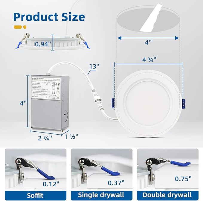 12 Pack Recessed Lighting 4 inch, 3000K Ultra-Thin LED Canless Recessed Lighting, Retrofit Dimmable Recessed Lights, 1200LM 12W=150W Wafer Lights - ETL & Energy Star Certified