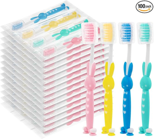 Kids for Toothbrushes In Bulk, Individually Wrapped Toothbrush Cute Manual Soft Bristles Children Disposable Toothbrush With Cover Suction Cup Toddler Toiletries Set for Home/School/Travel (100 Pack)