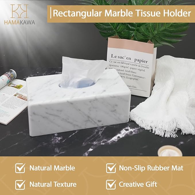 Natural Marble Tissue Box Cover, Carrara White Tissue Organizer 10 x 5.7 x 3.5 inch, Heavy Stone Decorative Box, Rectangle Tissue Box Holder for Home Decor, Kitchen, Bathroom, Bedroom