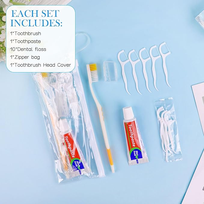 HOIQIRY Disposable Toothbrushes with Toothpaste Set - Pack of 10,Individually Wrapped Personal Hygiene Kits in Bulk 5-in-1 Travel Size Convenience Kits for Hotel,Camping,Guest,Homeless,Charity,Church