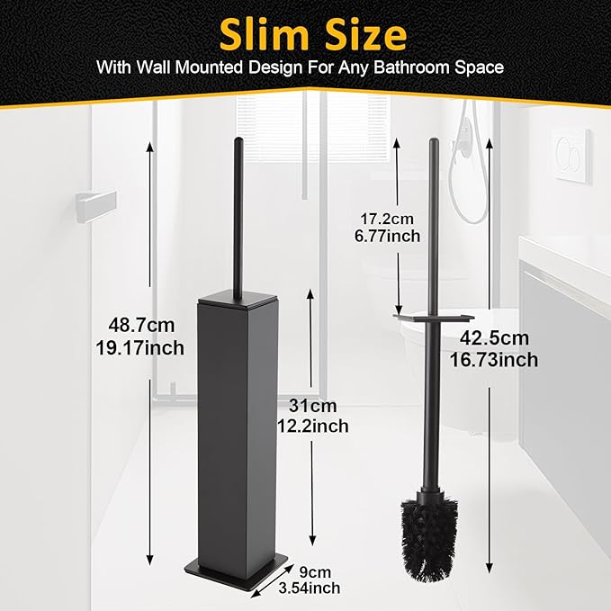 Toilet Brush and Holder Floor Standing, Gun Gray with 2 Replaceable Heads, Bathroom Toilet Brush, Freestanding Toilet Bowl Brush with Removable Liner and Splash Guard, Modern Square Design
