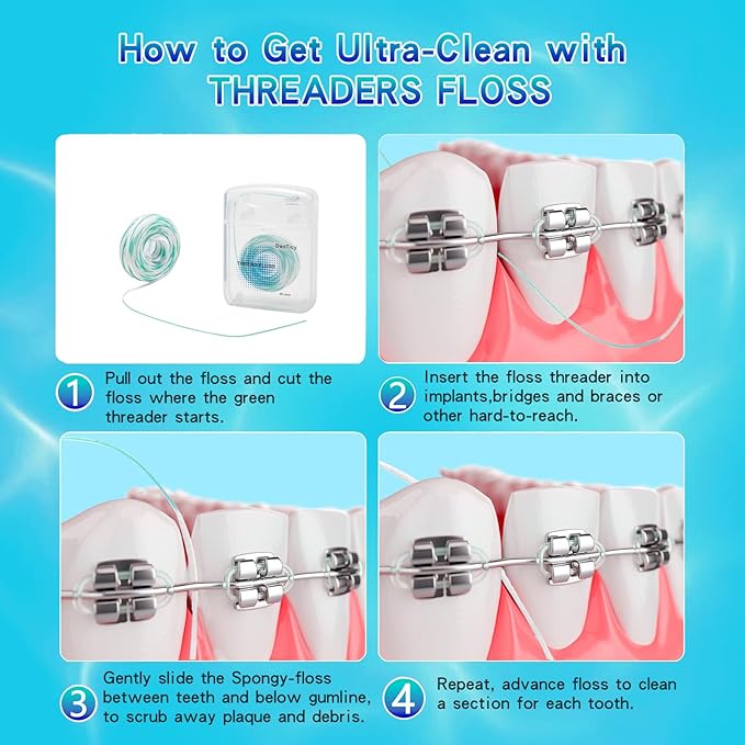 840D Fluffy Floss Threaders,Deep Clean Dental Floss for Braces, Bridges, and Implants,Super Floss, 50 Count, Pack of 1