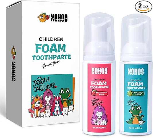 NOHOO Fluoride Free Foam Toothpaste Kids Fruit Flavour,Natural Training Toothpaste for Baby Toddler Children Oral Cleaning and Cavity Protection(Strawberry + Cantaloupe)