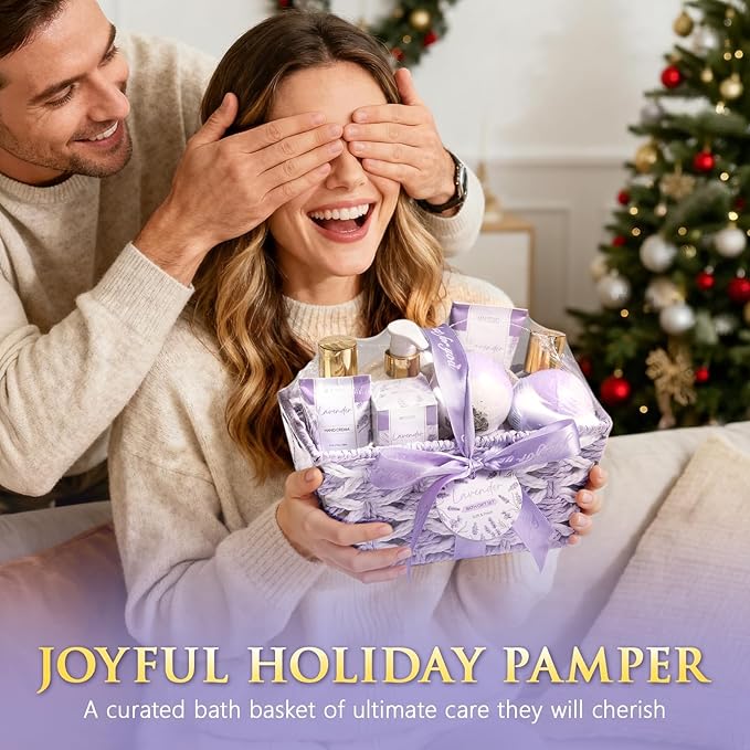 Birthday Gifts for Women, Lavender Relaxing Spa Gift Baskets for Women Self Care Package Bath Gift Set, Home Bath and Body Kit Pamper Valentines Day Gifts for Her Womens Mom Friends Wife Girlfriend