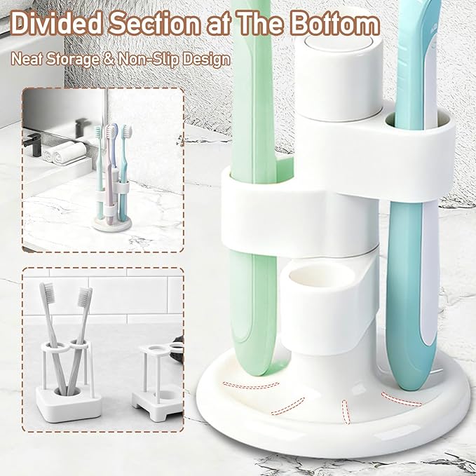 3 Pack 360° Rotating Toothbrush Holder for Bathroom, 4-Slot Toothbrush Storage Organizer with Non-Slip Base, Compact Toothbrush Bathroom Countertop Holder for Family Tooth Brushes, White