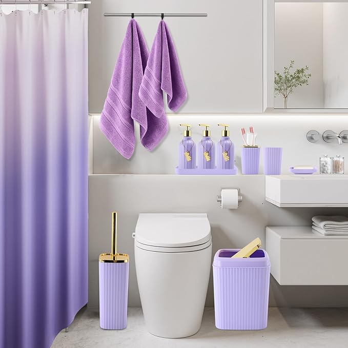 32PCS Bathroom Accessories Set Bathroom Set,Purple Shower Curtain Set,Bath Towel Set,Hand Towel,Toilet Brush,Trash Can & 3PCS Soap Dispenser