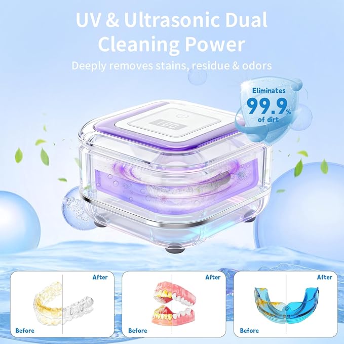 Ultrasonic Retainer Cleaner Machine, 42kHz Compact dental pod with Digital Timer, Deep Clean for Retainers, Aligners, Dentures, braces & Jewelry, Portable for Home & Travel (White)