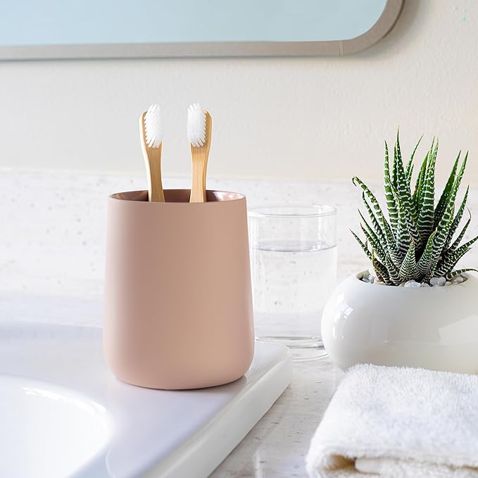 Matte Dusty Pink/Mauve Toothbrush and Toothpaste Holder and Cup for Bathroom Vanity and Countertop, Round Organizer for Electric Toothbrushes, Floss, Razors, Cotton, and Mouthwash