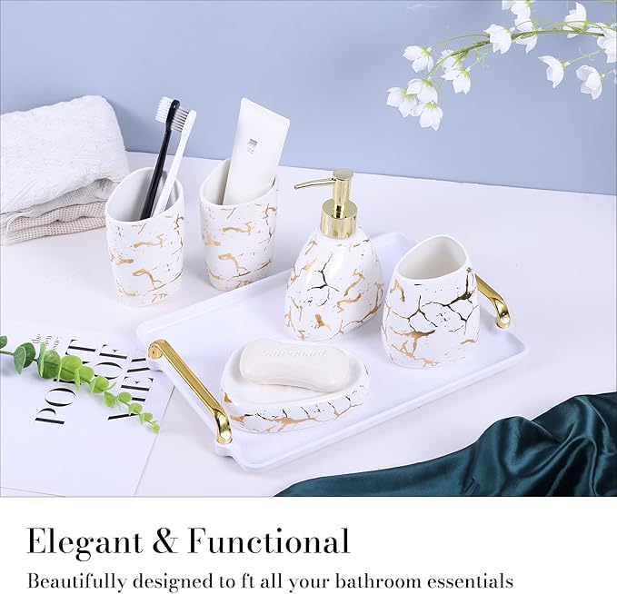 Ceramics White Bathroom Accessories Set,Gold Marble Look Bathroom Decor,Modern 6 Piece Bathroom Accessory Set,Complete with Soap Dispenser,Toothbrush Holder,Tumbler,Tray Countertop