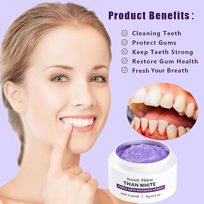 White Purple Teeth Whitening Powder - Instantly Whitens Than White, Purple Brightening Powder for Protect Gums and Freshen Breath (1)