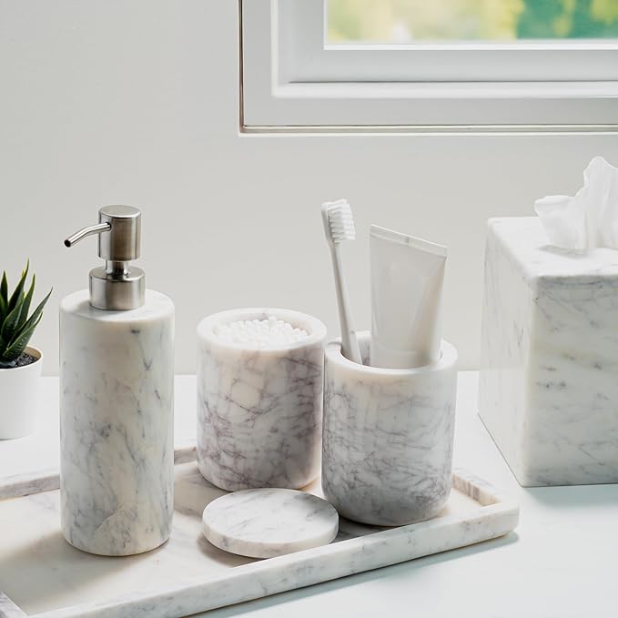 Cork & Mill Marble Bathroom Accessories Set, Complete 3 Piece Set with Soap Dispenser, Toothbrush Holder & Canister with Lid for Qtips, White Marble Bath Countertop Vanity Decor Organizer