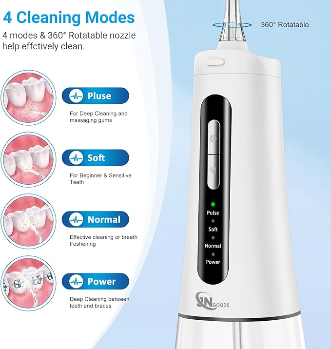 Cordless Water Dental Flosser Oral irrigator,JNGOODS 300ml Rechargeable Water flosser for Teeth IPX7 Waterproof 4 Modes Portable Oral Irrigator with 4 Jet Tips, Travel Home use (White)
